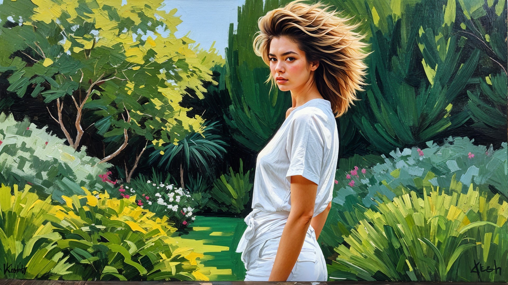 Vibrant Painting of Woman in Lush Garden Setting