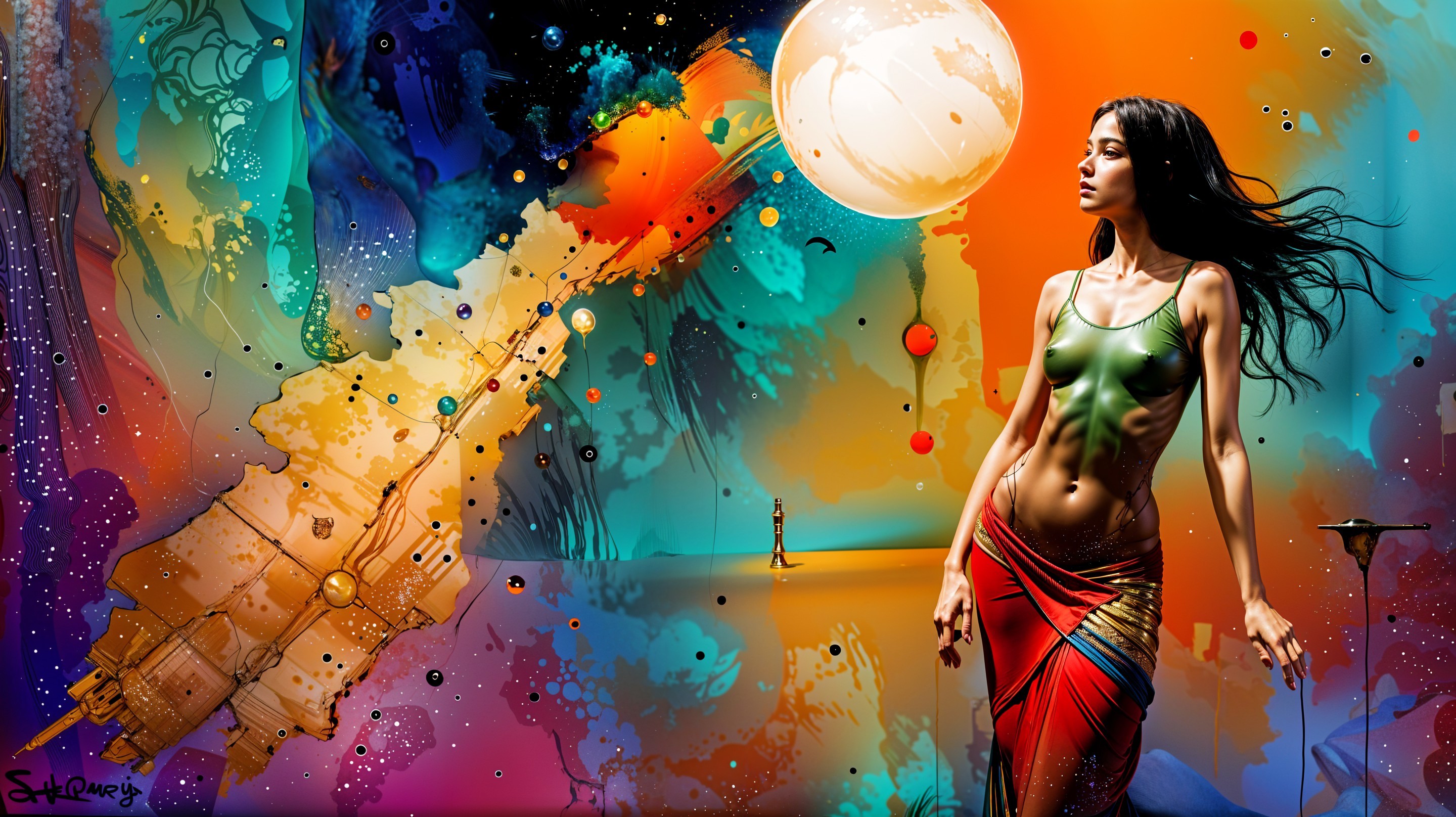 Woman in Green Top and Red Skirt Against Cosmic Background