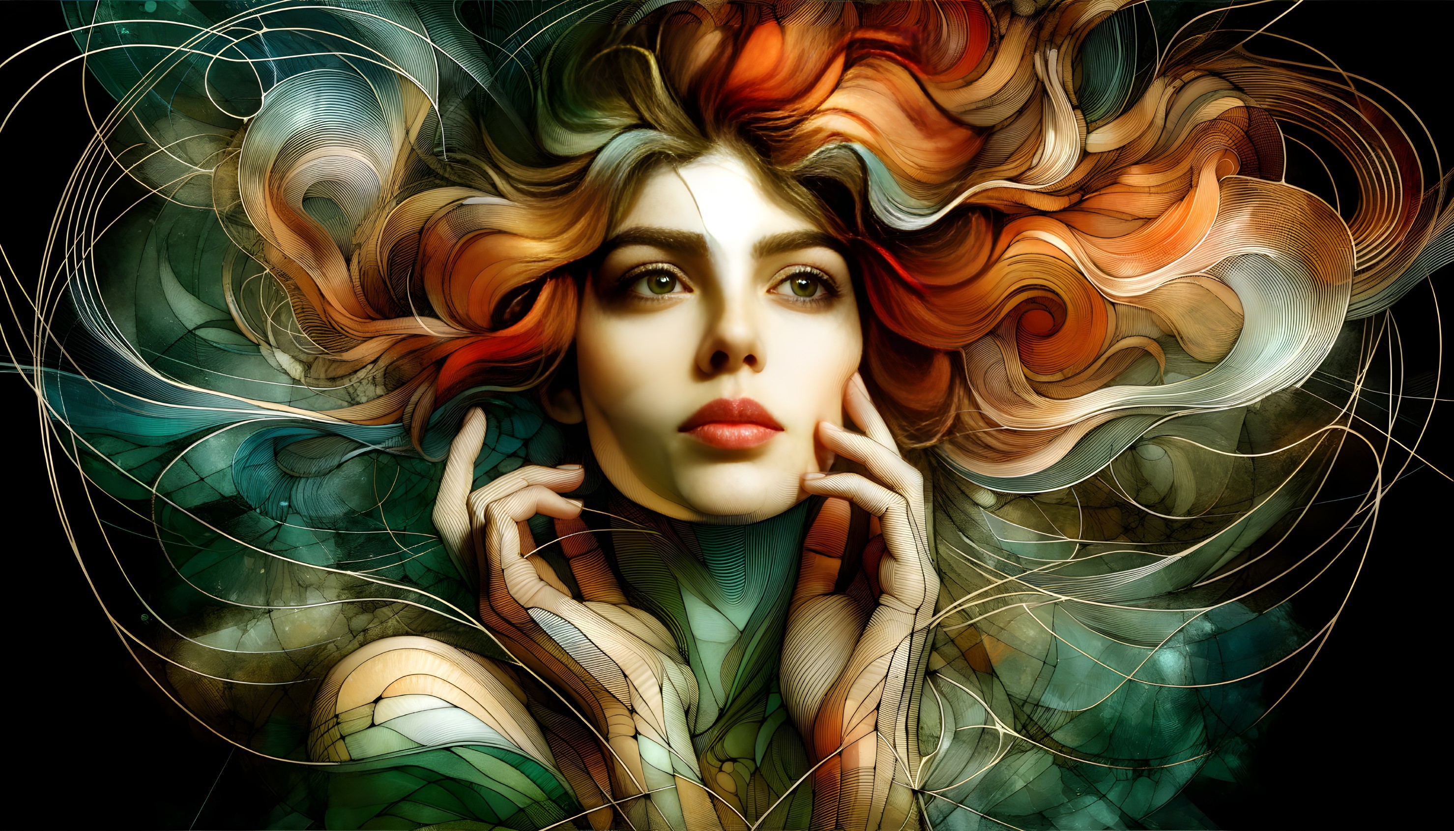 Stylized portrait of a woman with vibrant flowing hair