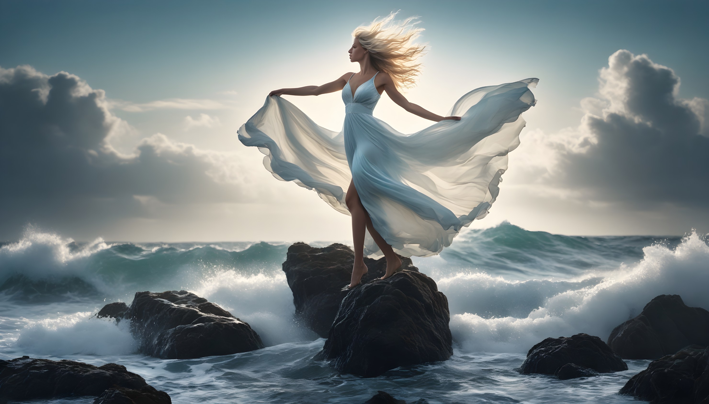 Woman in White Dress by Rocky Sea with Dramatic Waves