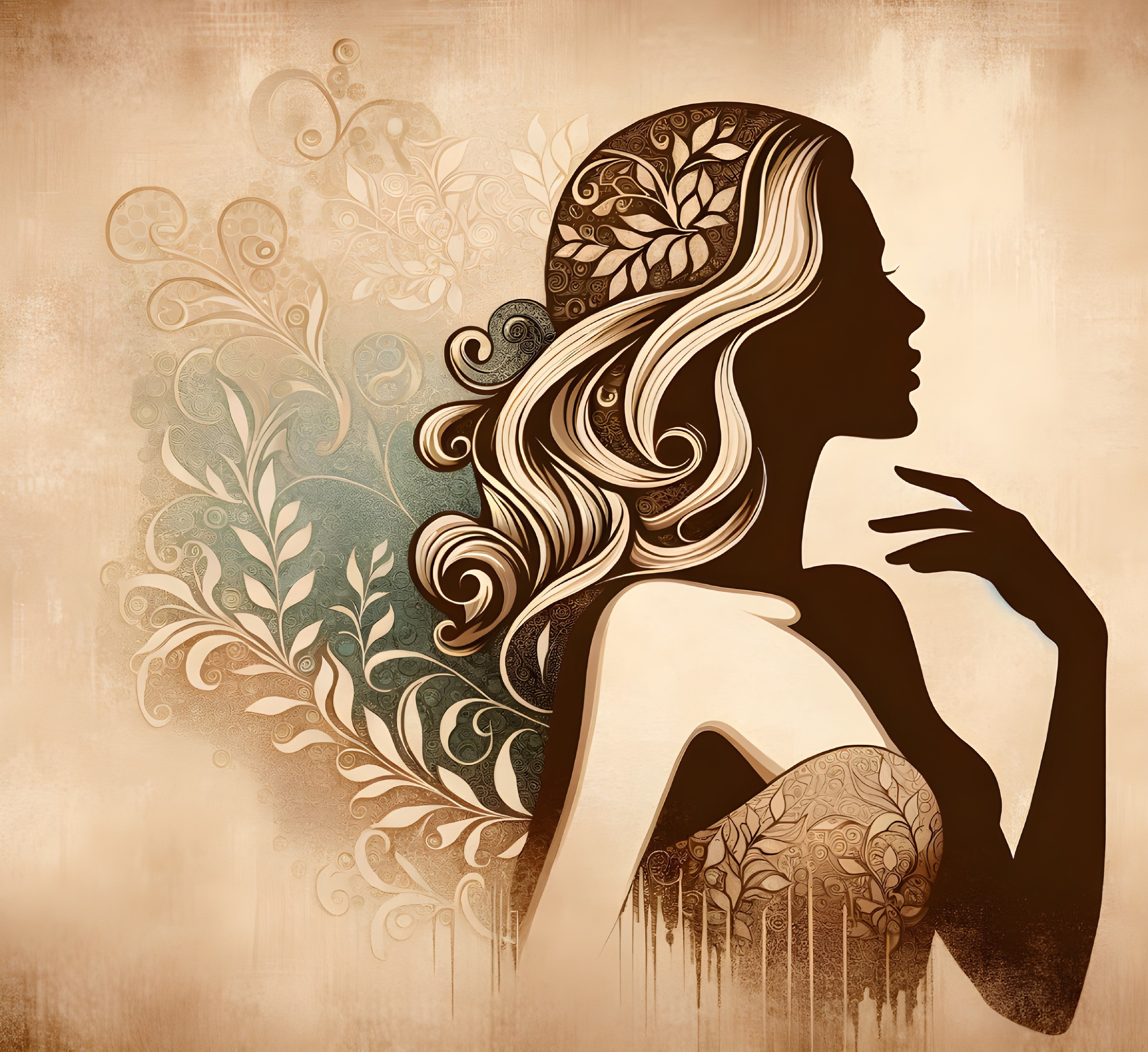 Stylized Silhouette of a Woman with Floral Patterns