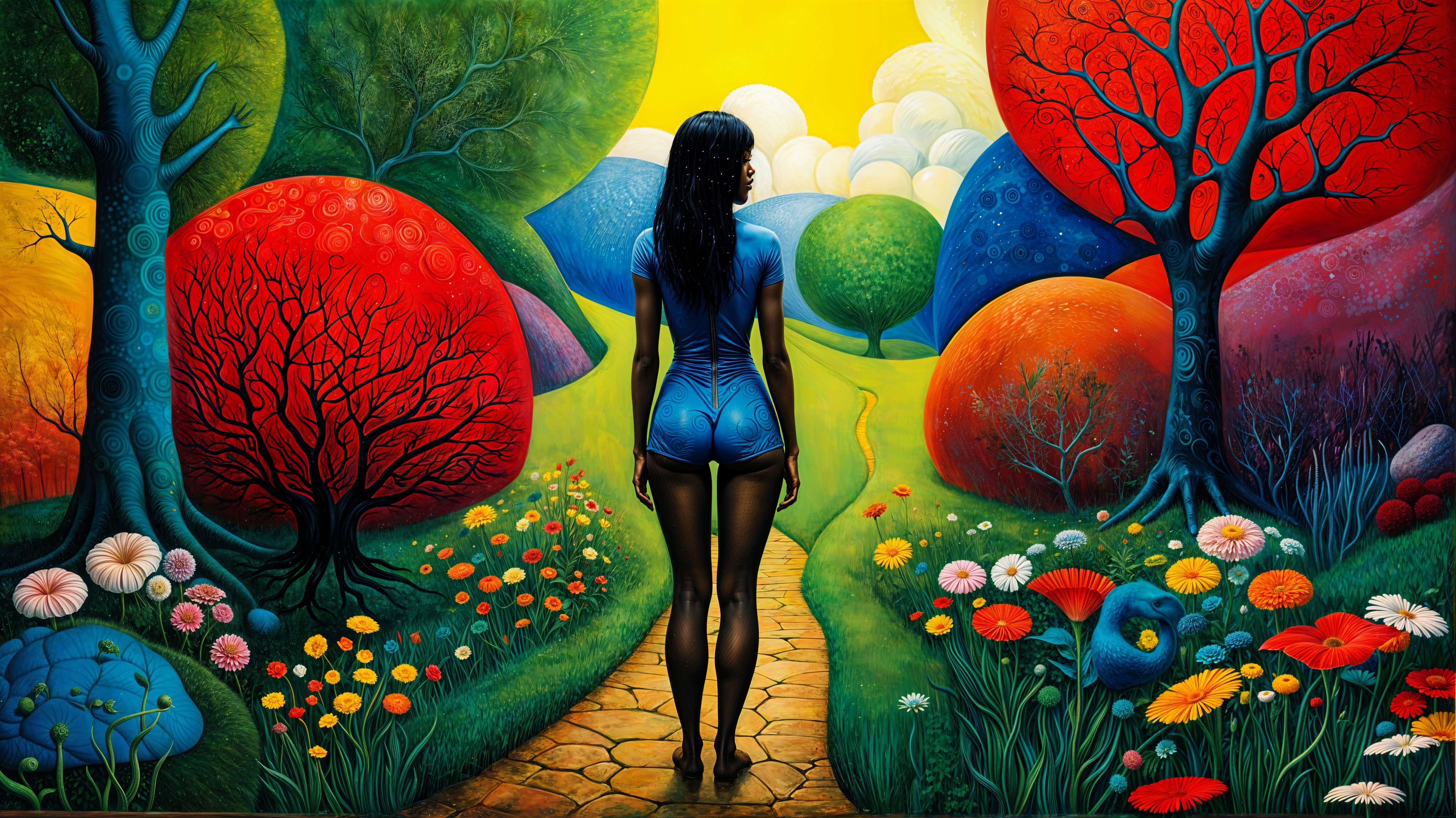 Surreal Landscape with Colorful Trees and Flowers