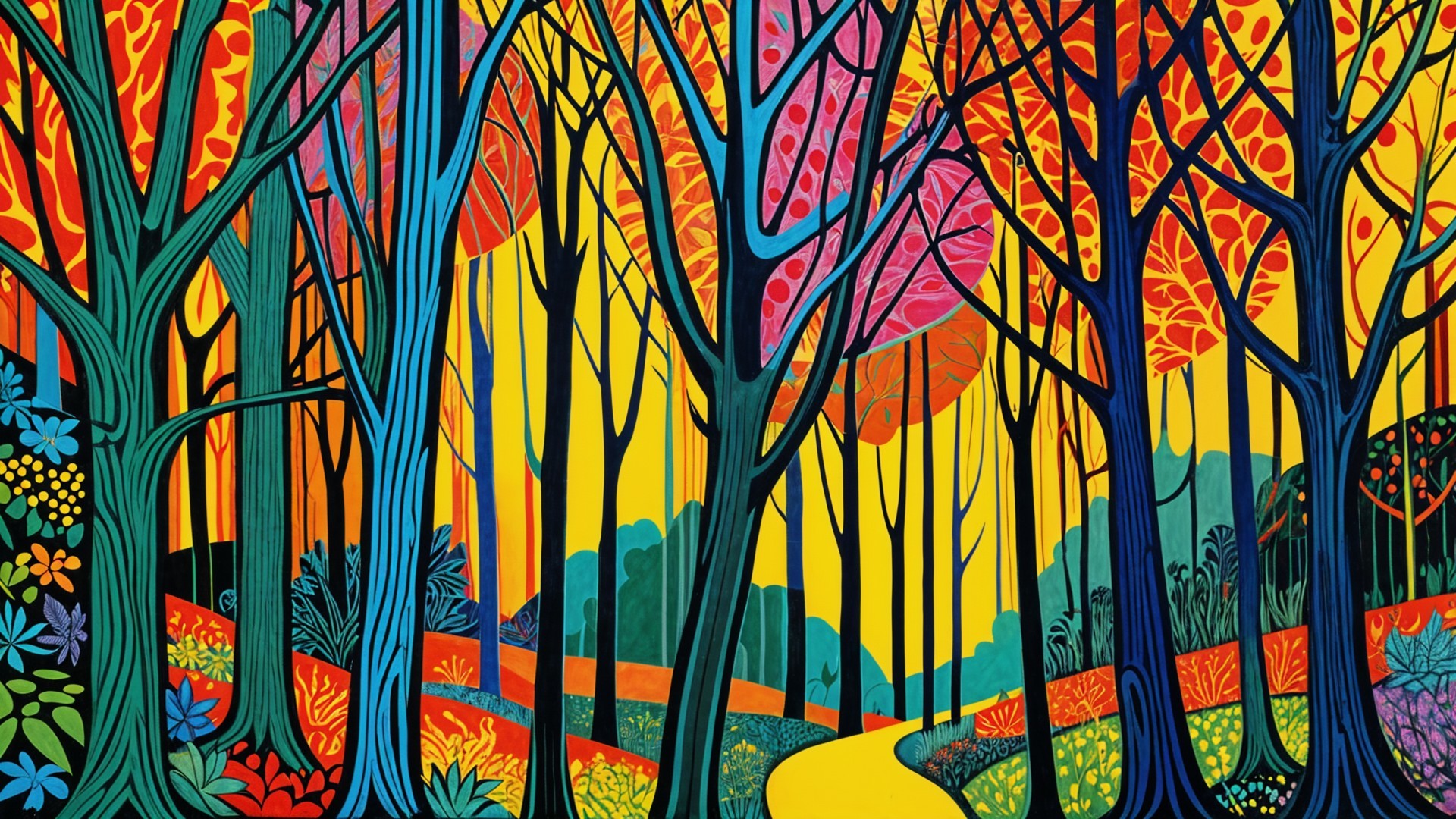 Vibrant Forest Scene with Colorful Trees and Foliage