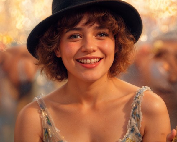 Young woman in a black hat smiles in festive crowd