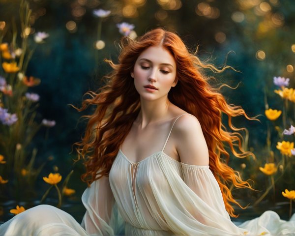 Young Woman in Ethereal Gown Surrounded by Flowers