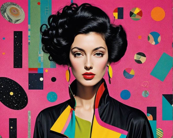 Glamorous Woman in Colorful Jacket Against Pink Background
