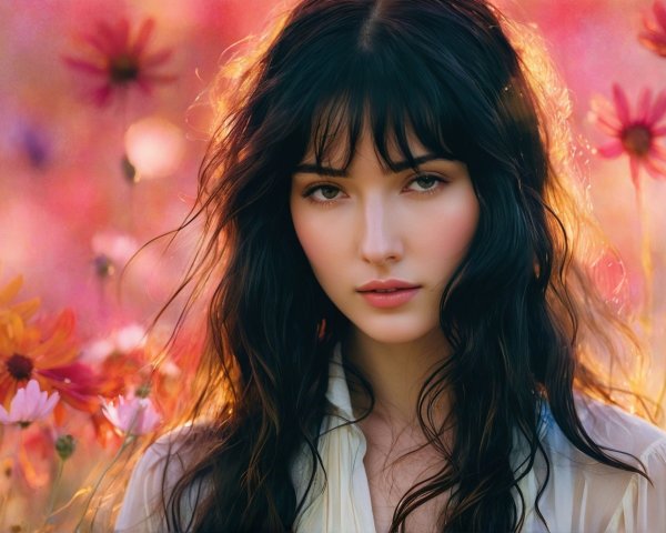 Young woman in a flower field with soft features