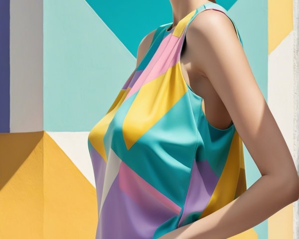 Stylish Model in Bold Dress Against Geometric Backdrop