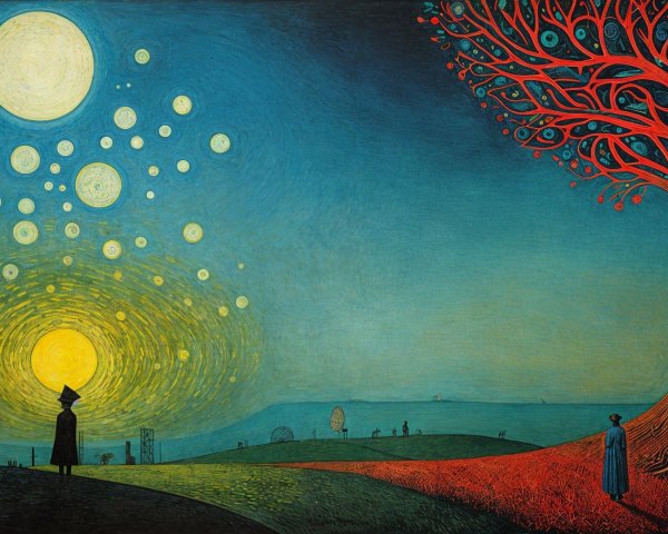 Surreal landscape with fiery sun and vibrant colors