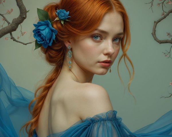 Young woman in blue gown with red hair and roses