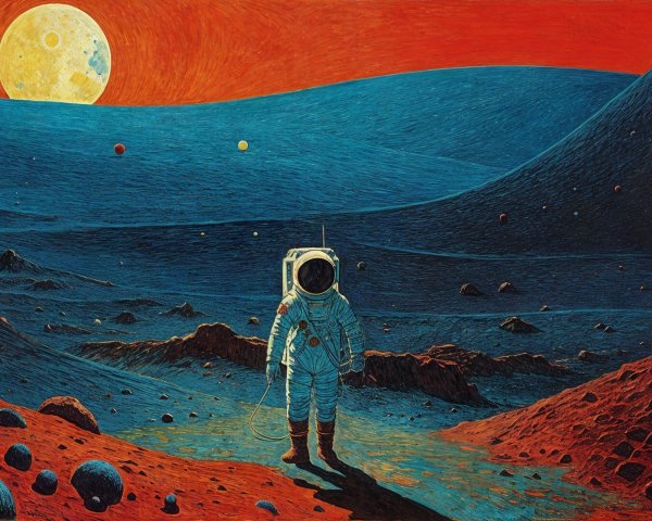 Astronaut on Rocky Landscape Under Vibrant Sky