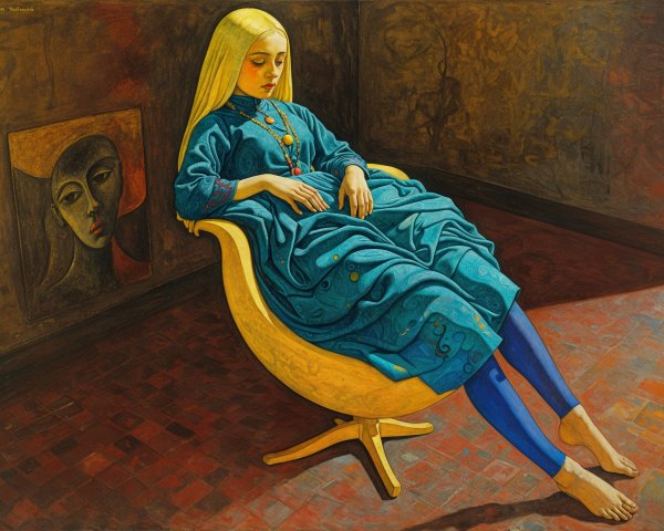 Serene Woman in Elegant Chair with Blue Dress