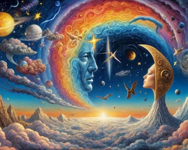 Cosmic Landscape with Rainbow and Celestial Elements