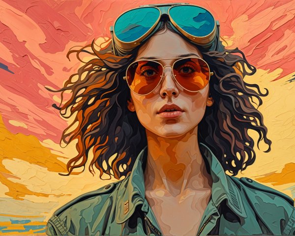 Artwork of a woman in sunglasses against a sunset backdrop