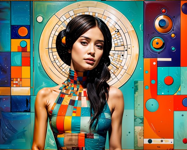Elegant woman with sleek hair against abstract backdrop