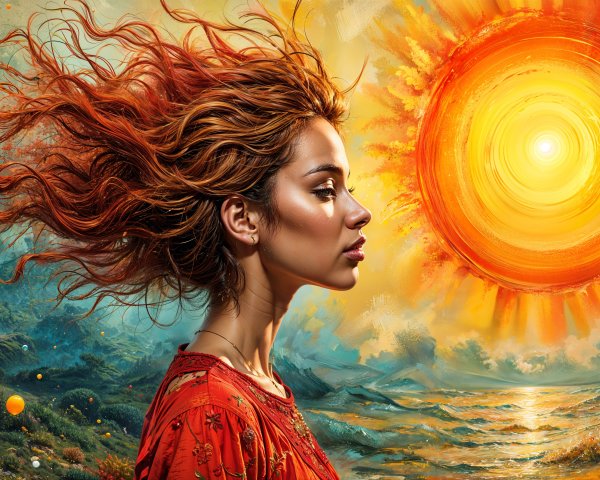 Woman with Fiery Hair Against Vibrant Sunset Background