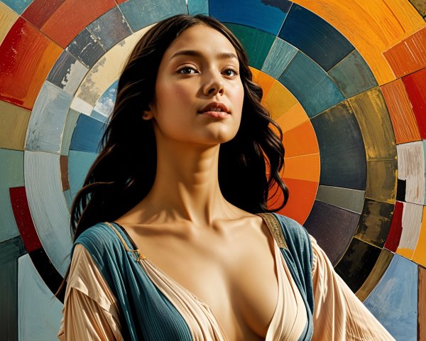 Serene Young Woman with Colorful Circular Background