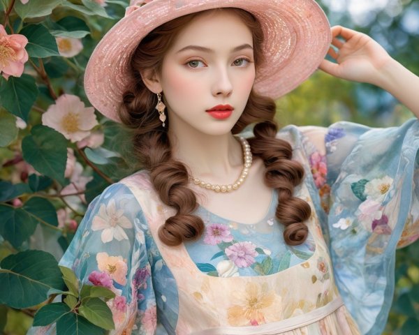 Young Woman in Floral Dress Among Blooming Flowers