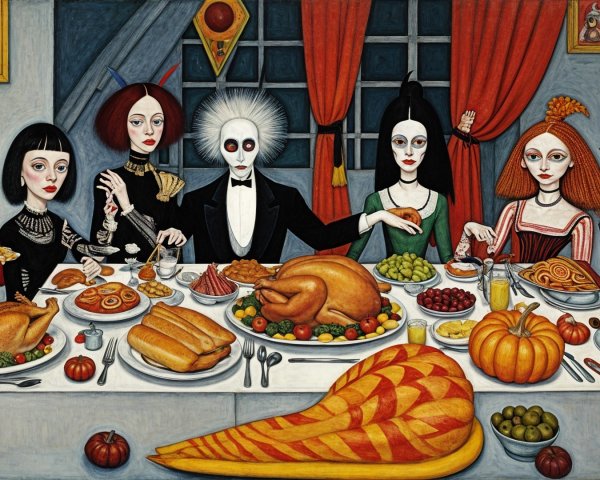 Whimsical Dinner Party with Eclectic Characters and Feast