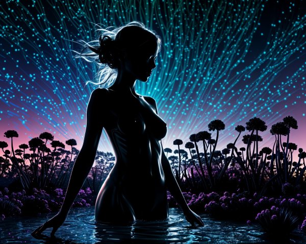 Silhouetted Figure in Tranquil Floral Landscape