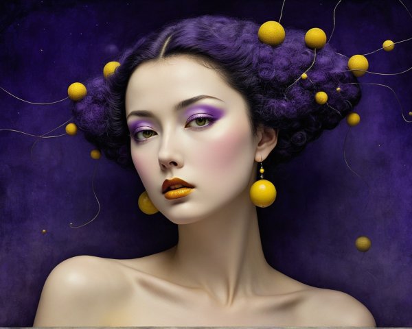 Portrait of a woman with purple hair and golden accents