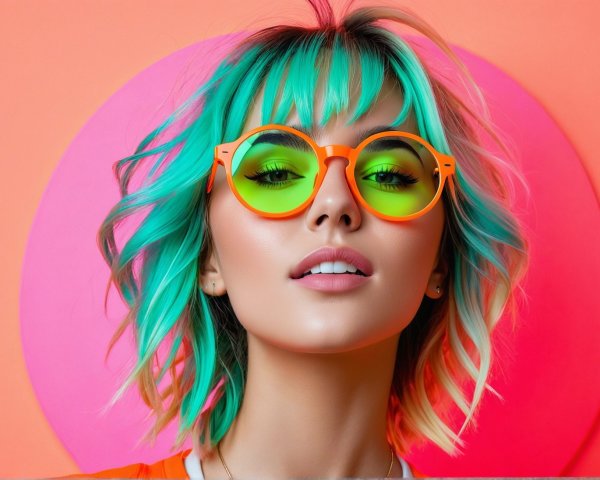 Young woman with teal hair and oversized sunglasses