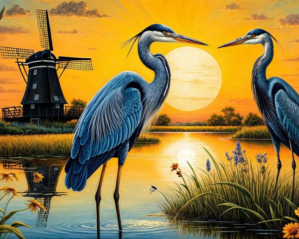 Herons by a River at Sunset with Wildflowers and Windmill