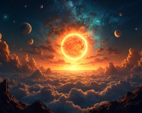 Vibrant Cosmic Scene with Sun, Clouds, and Mountains