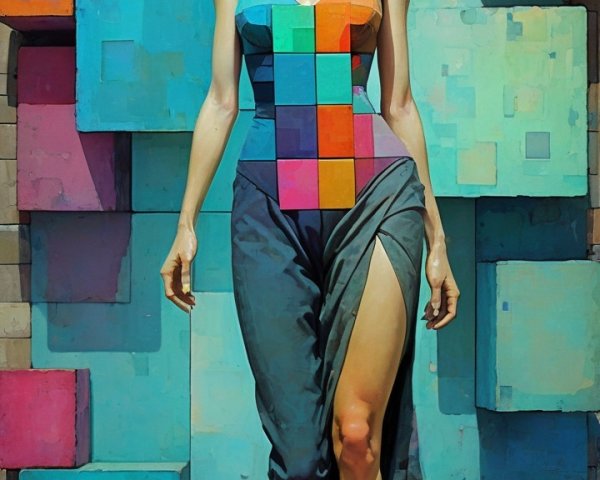 Model in Vibrant Patchwork Dress Against Geometric Backdrop