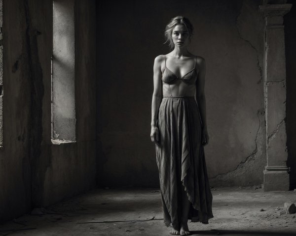 Solitary Woman in Abandoned Space with Dim Lighting