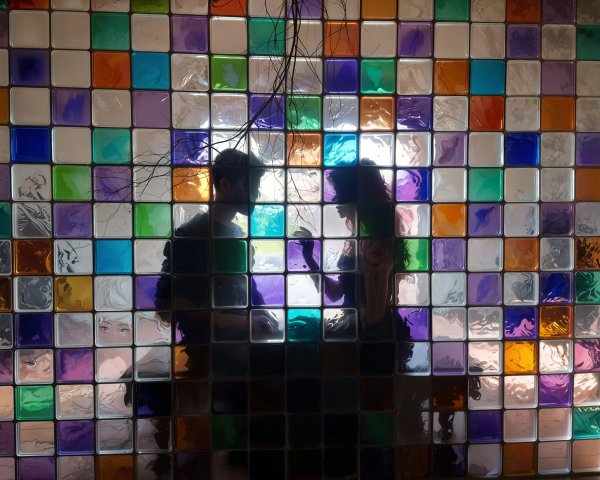 Silhouetted Figures Behind Colorful Glass Blocks