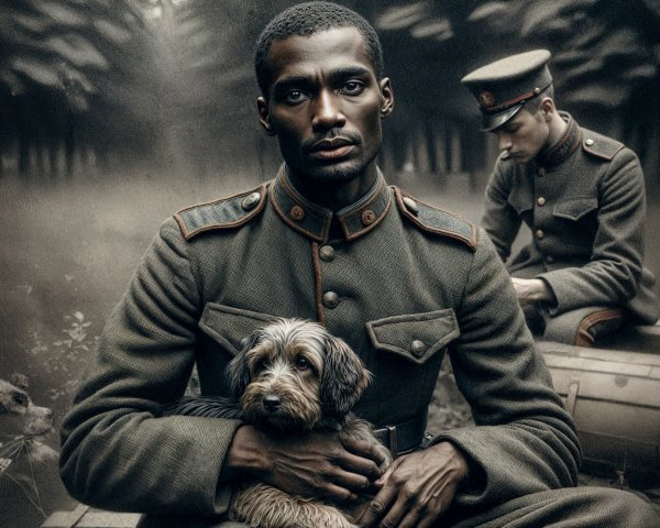 Soldiers in Uniform with Dog in Serene Woodland Scene