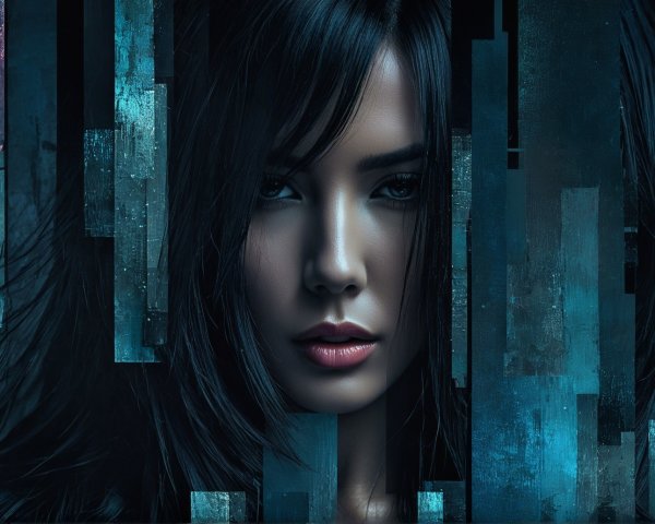 Portrait of a Young Woman with Dark Hair and Abstract Background