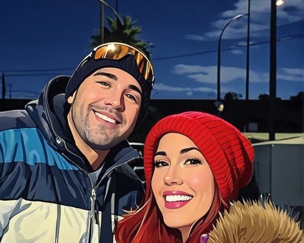 Cheerful couple selfie at dusk with streetlights