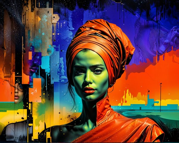Portrait of a Woman with Green Skin and Orange Headwrap