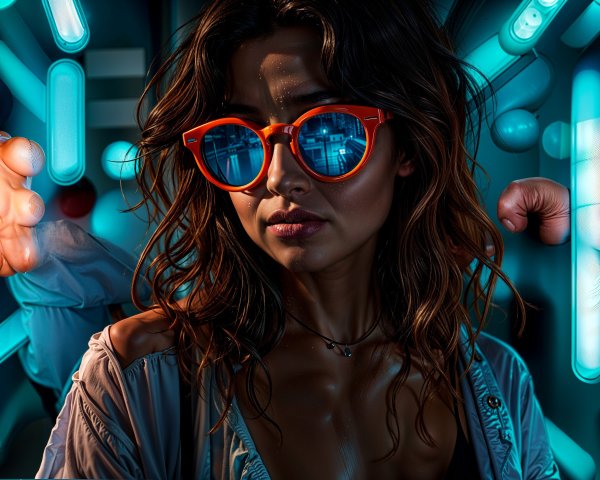 Young woman in orange sunglasses in neon-lit setting