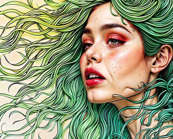Woman with Green Hair and Bold Red Makeup