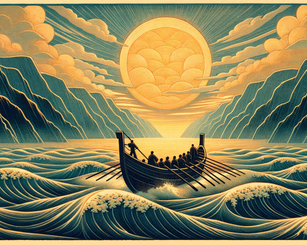 Serene boat scene with mountains and golden sky