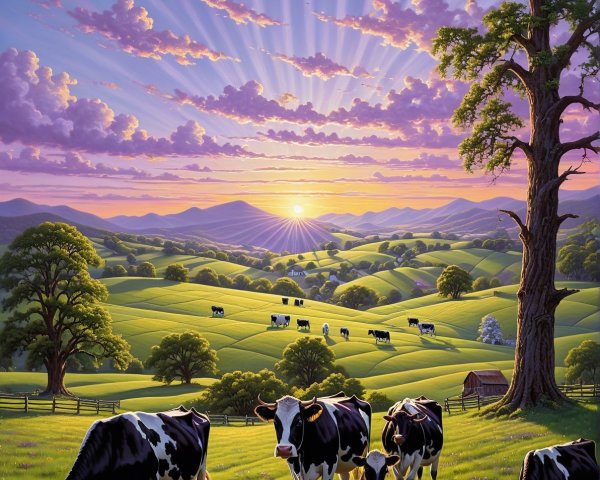 Serene Sunrise Landscape with Grazing Cows and Barn