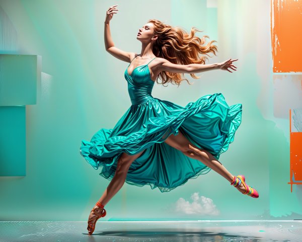 Elegant dancer in turquoise dress against vibrant backdrop