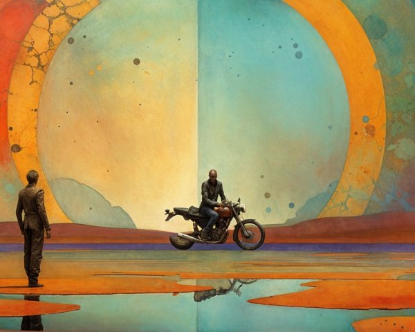 Surreal Landscape with Reflective Ground and Motorcycle