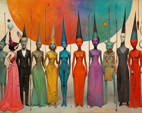 Surreal Gathering of Elongated Figures in Abstract Setting