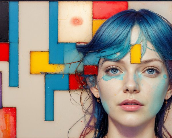 Close-up Portrait of Woman with Blue Hair and Face Paint