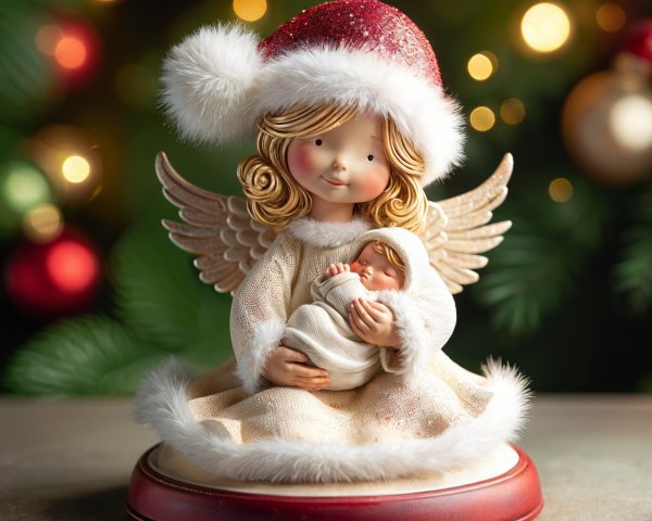 Angel Figurine with Santa Hat and Newborn Details