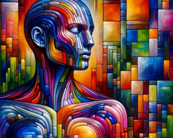 Stylized humanoid figure with vibrant colors and patterns