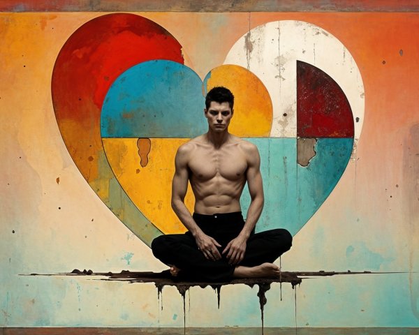 Shirtless Man Against Vibrant Abstract Heart Backdrop