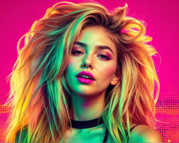 Vibrant Model with Bold Makeup and Neon Background