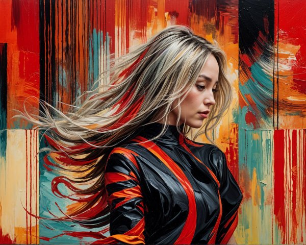 Portrait of a woman with vibrant hair and abstract background