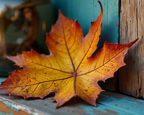 Vibrant Maple Leaf on Rustic Wood with Glass Jar