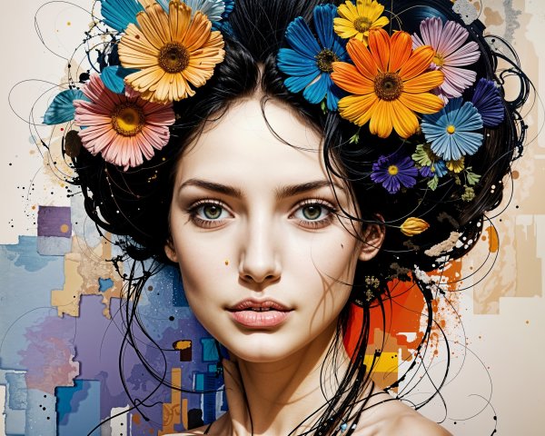 Portrait of a Young Woman with Colorful Flowers